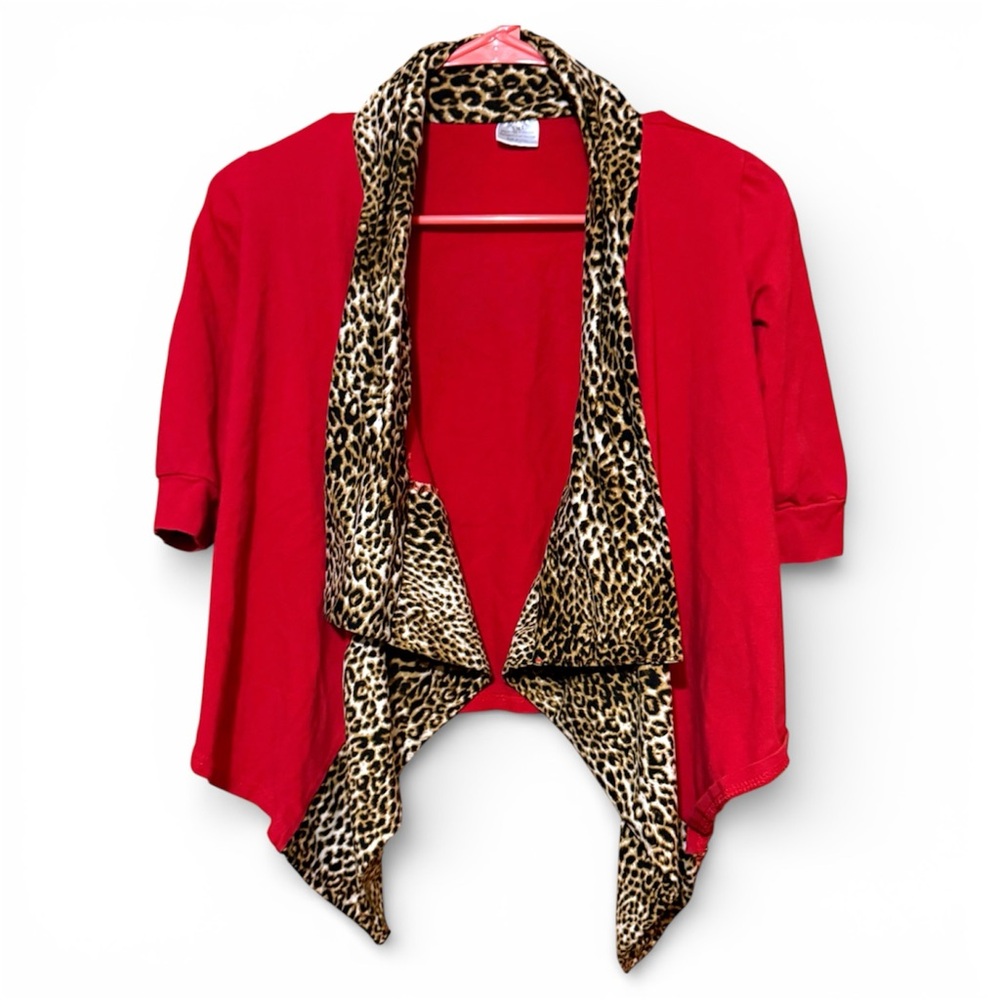 Boutique Open Front Red Cardigan with Leopard Print Trim Size 7